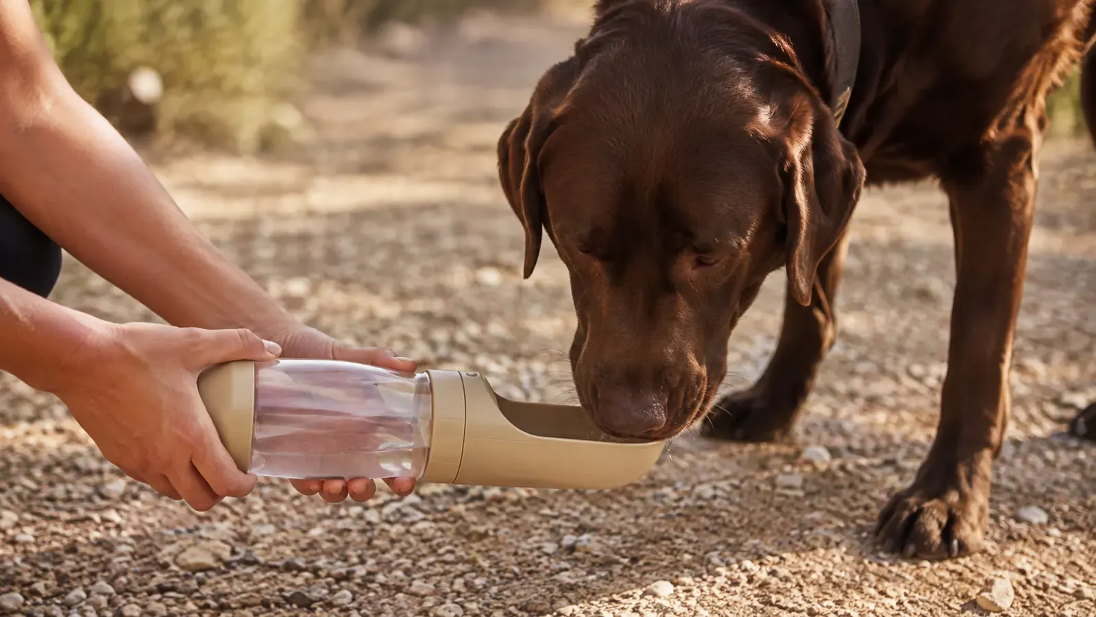 Brown lab drinking from the pressed bowl of a blue and grey dog water bottle held at ground level on a gravel trail
