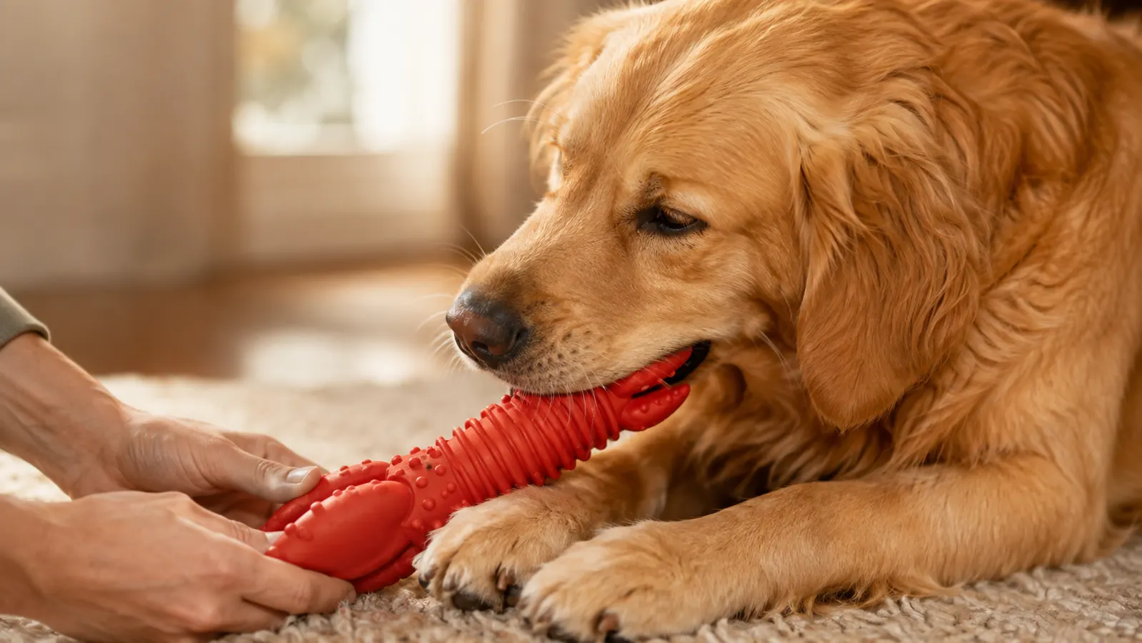 Close-up of the red lobster-shaped nylon power chew in a dog's mouth mid-chew