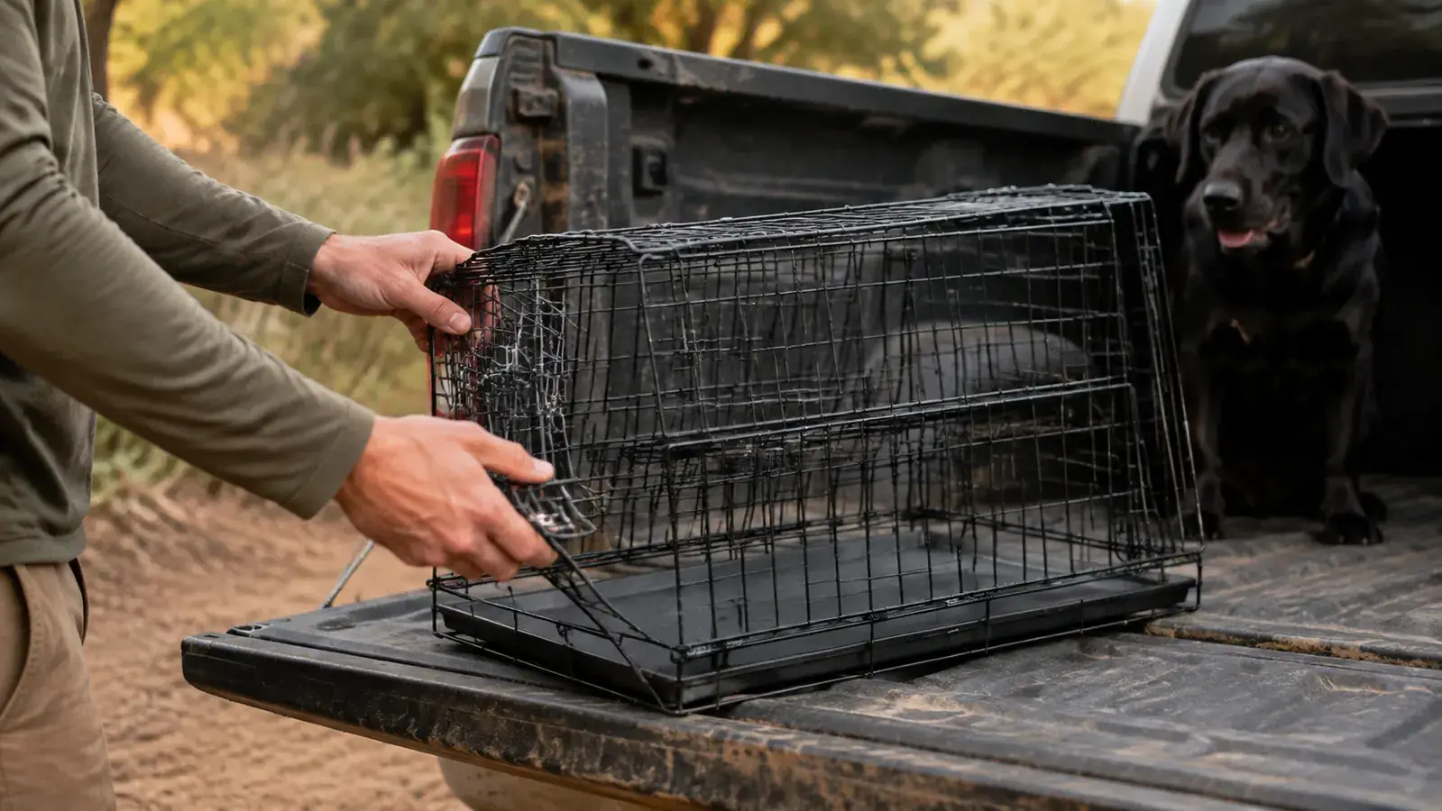 A hand opening a folded wire dog crate on the open tailgate of a pickup while a black lab watches from the bed