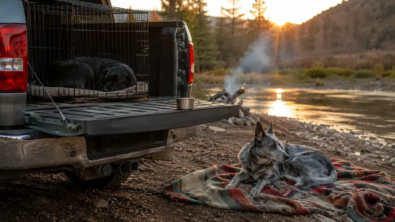 Two dogs resting at a golden-hour riverside camp, one curled inside a wire crate and one on a wool blanket beside the tailgate