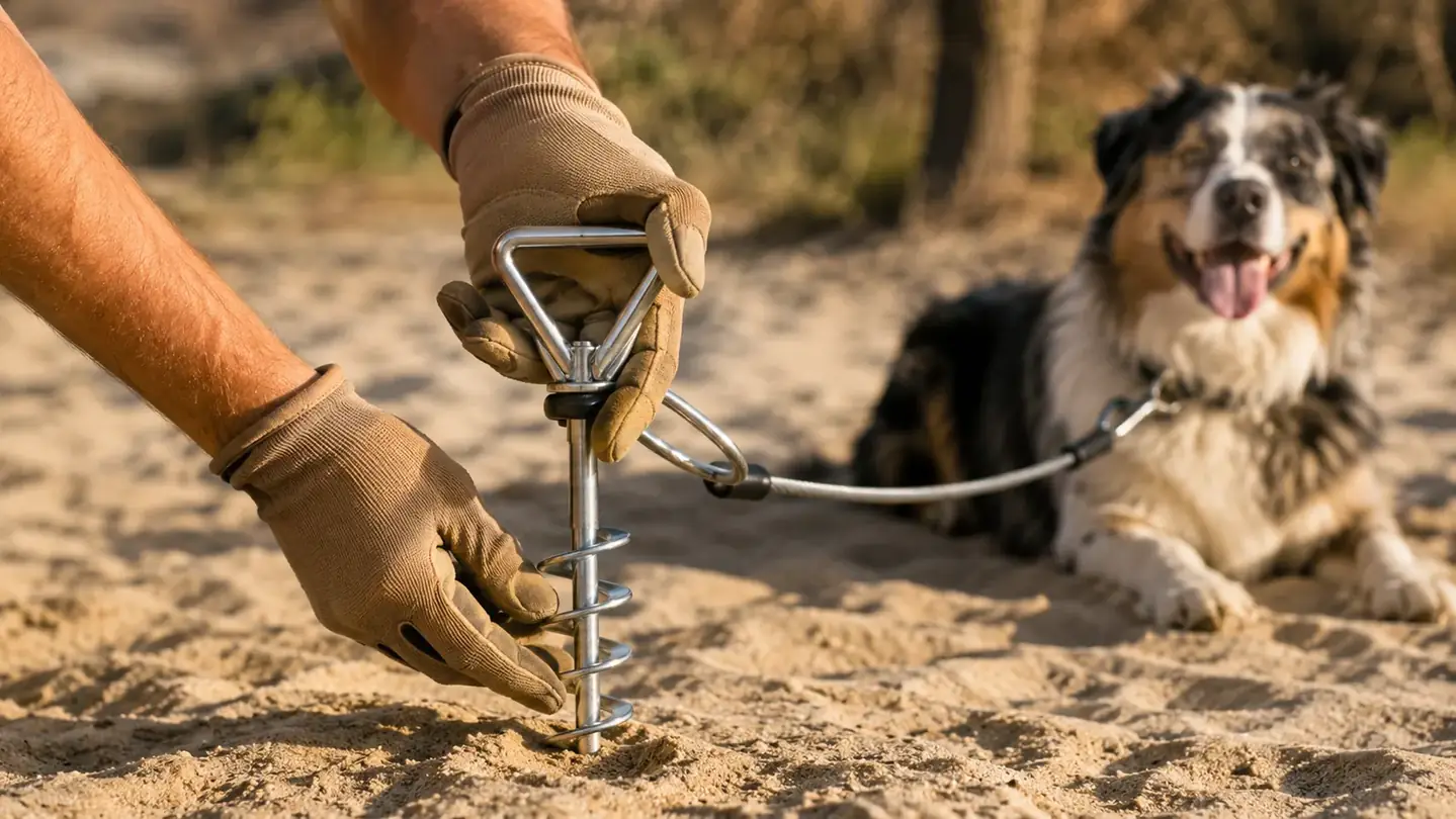 A gloved hand driving a spiral ground stake into the sandy earth at a campsite