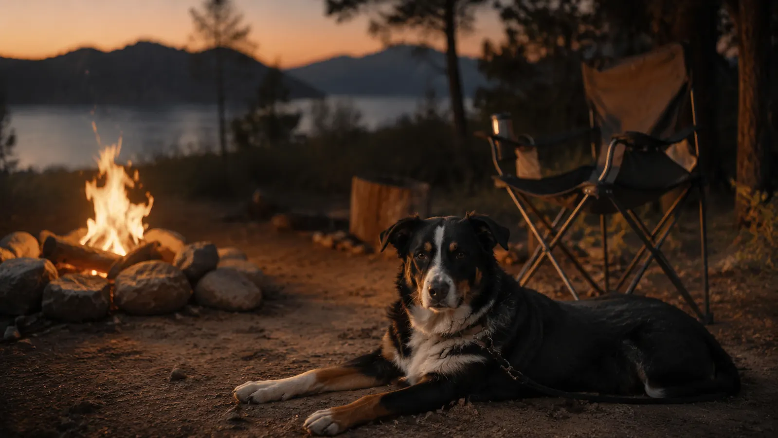 A dog on a tie-out cable lying relaxed beside a folding camp chair near a fire ring