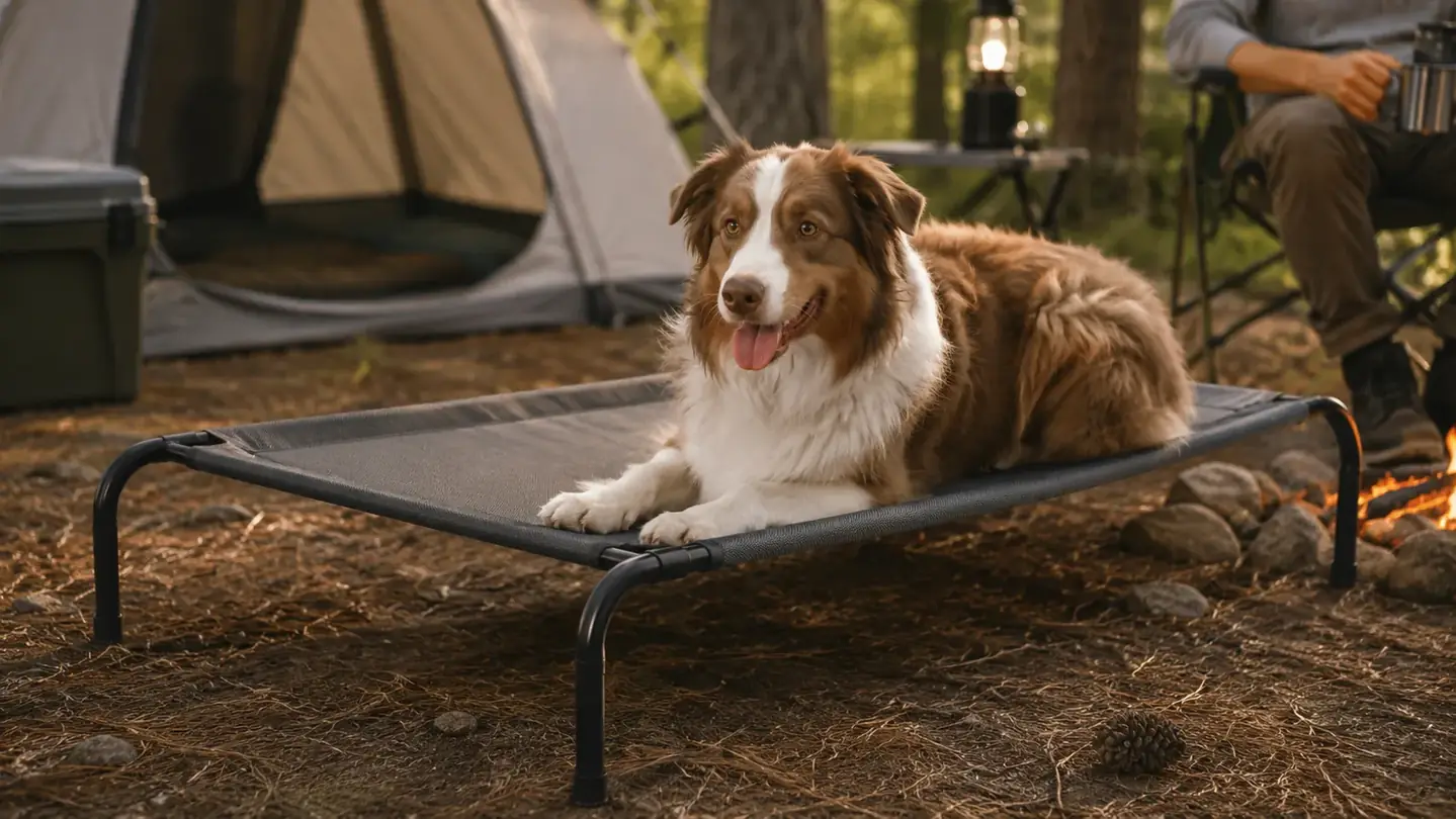 A dog lying on the Coolaroo elevated mesh bed set up off the ground over dry grass at a campsite