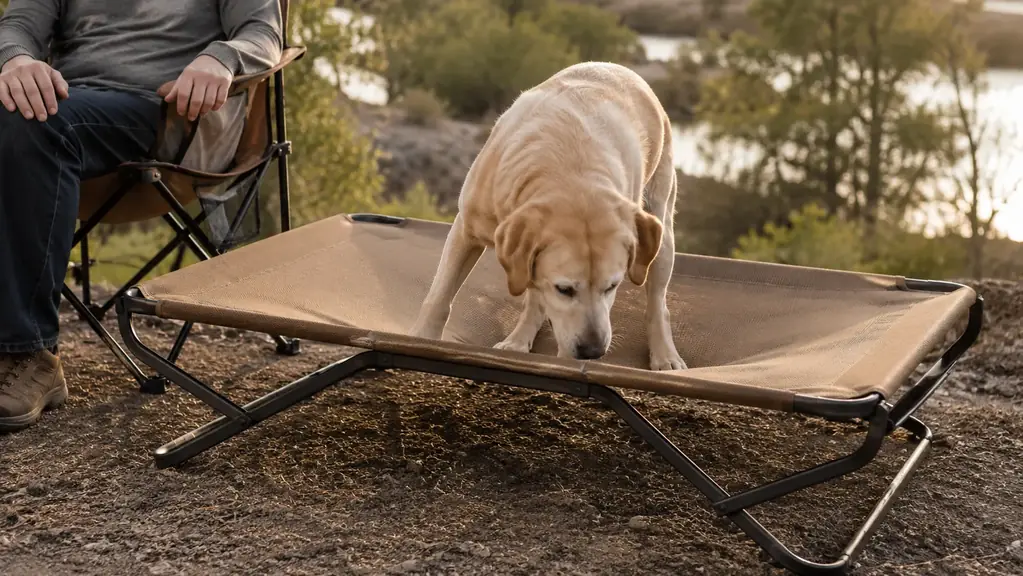 A 68-pound lab mix settling onto a large elevated mesh dog bed beside a camp chair, with a slight sag visible in the mesh fabric.