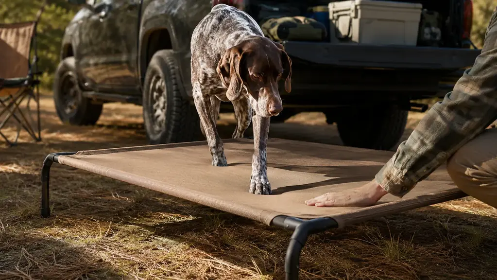 Person setting up a Coolaroo elevated dog bed at the tailgate of a truck while a German Shorthaired Pointer climbs onto the mesh