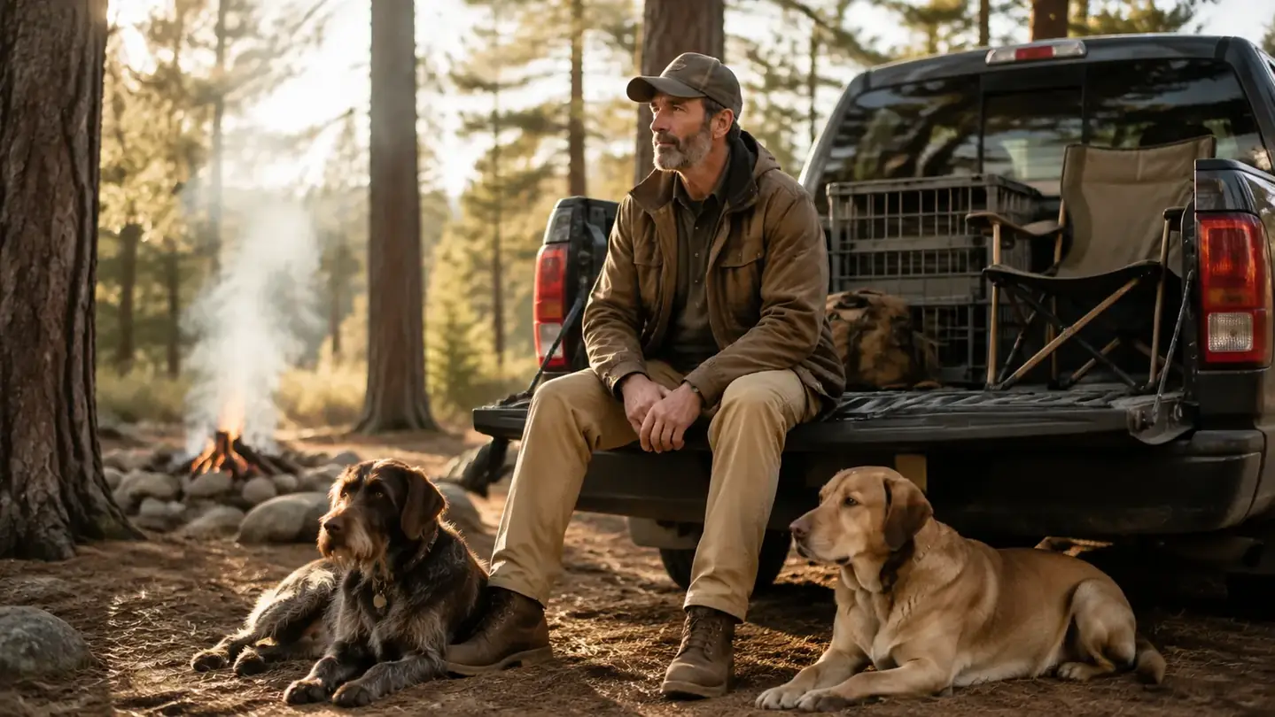 An outdoorsman's two dogs lounging at a forest campsite at golden hour beside his open pickup tailgate