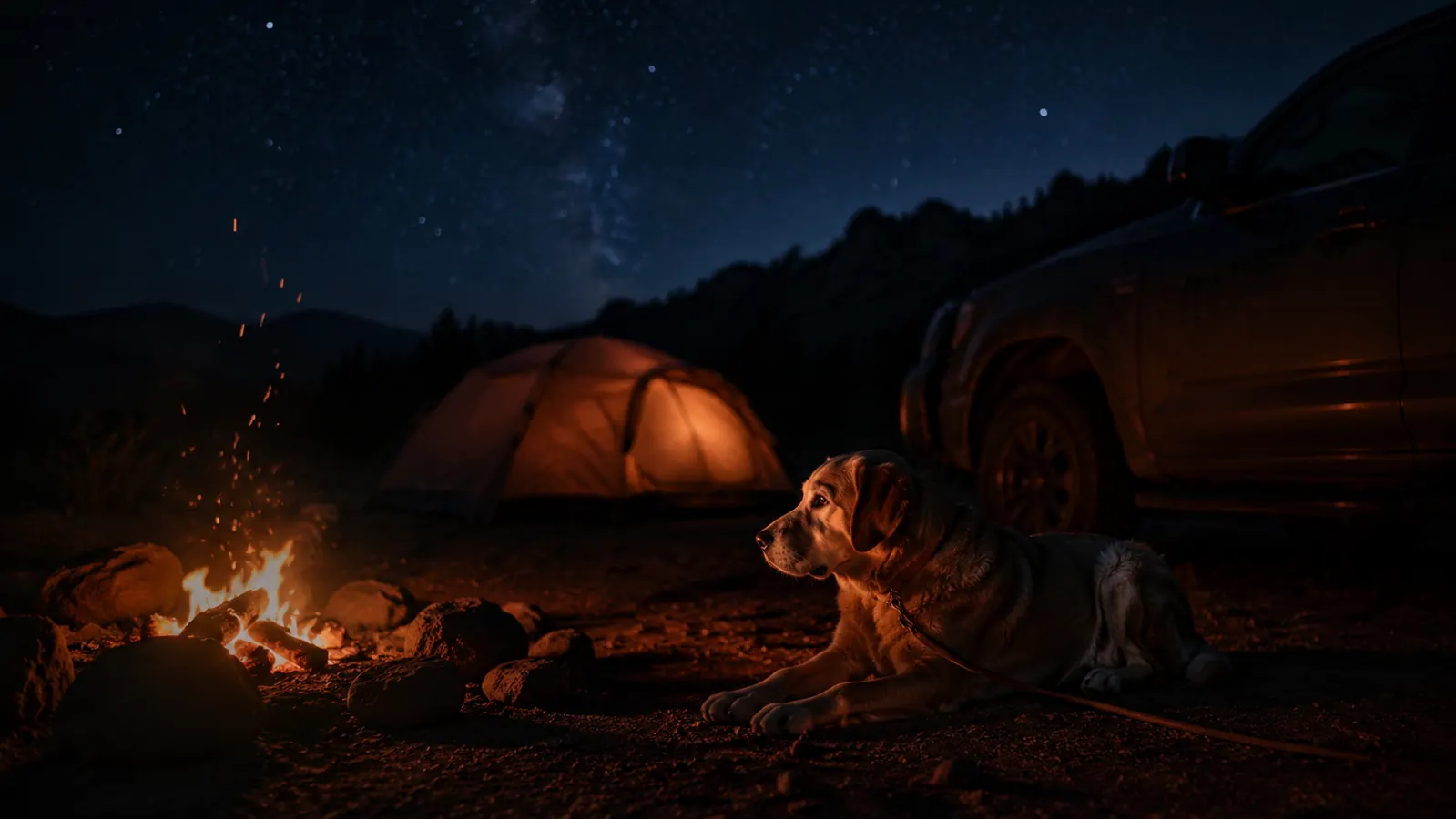 A quiet campsite at night with a dog curled up by the fire on a tether, tent behind, embers glowing
