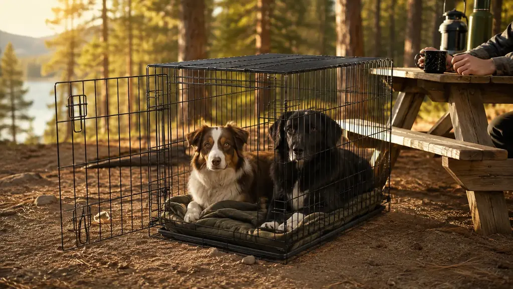 Folding wire dog crate set up next to a camp picnic table with the door open and two dogs curled on a blanket inside