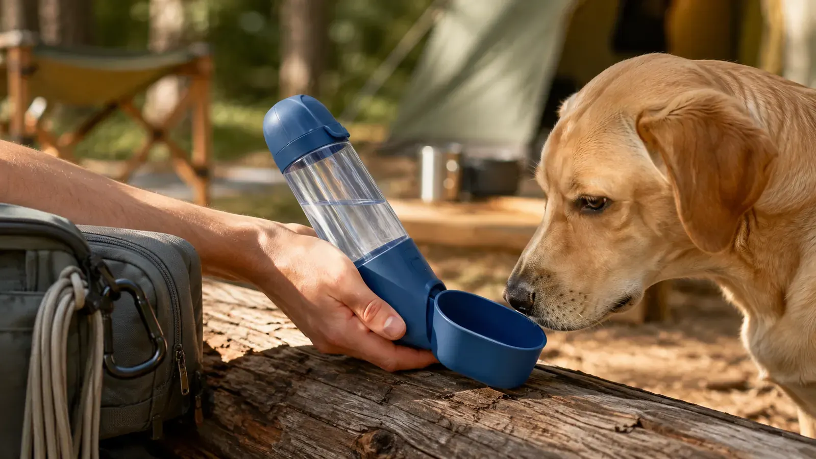 Close view of a blue Kalimdor dog water bottle with its bowl cap flipped down, resting on a fallen log at a campsite