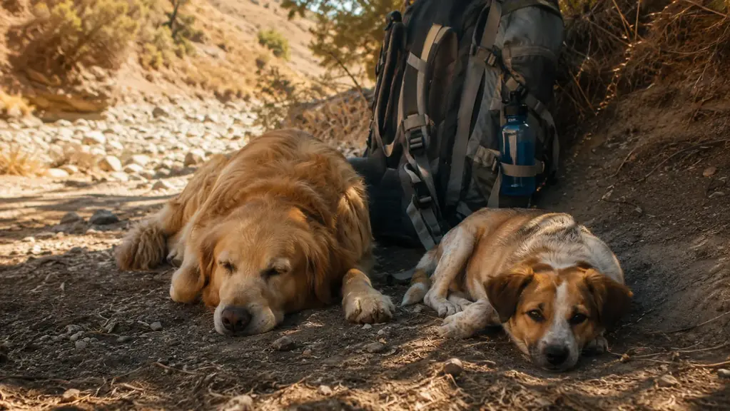 Two dogs resting in the shade beside a pack with a blue water bottle clipped to the strap, a dry stream bed behind them