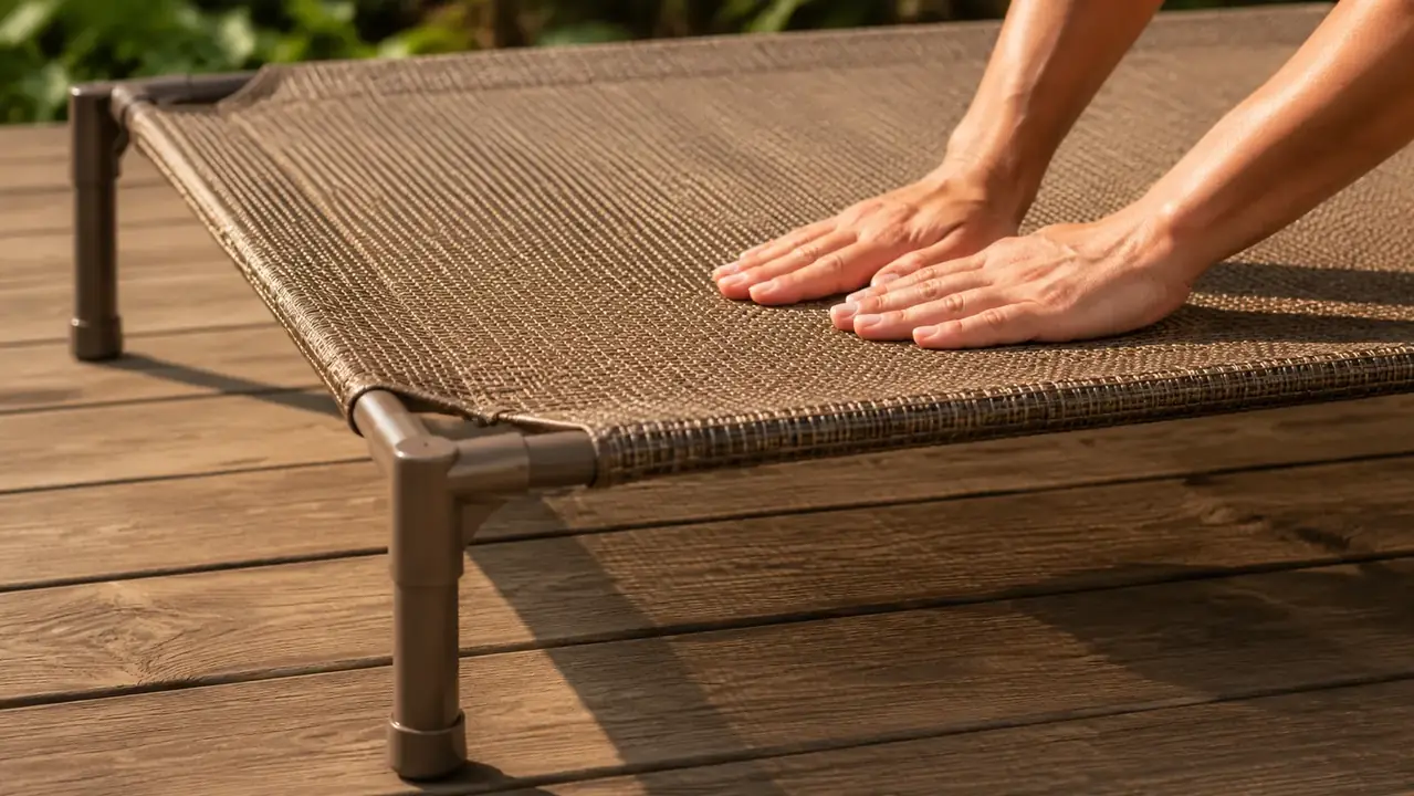A hand running a flat palm across the woven mesh fabric of an elevated dog bed frame to show the porous, breathable surface.