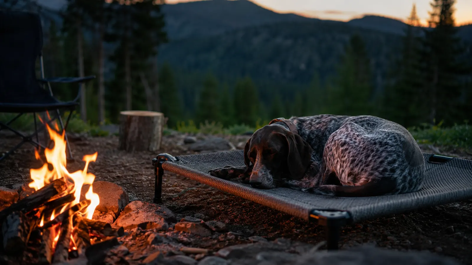 A German Shorthaired Pointer asleep on an elevated mesh dog bed beside a campfire at dusk in the mountains, warm firelight on the mesh.