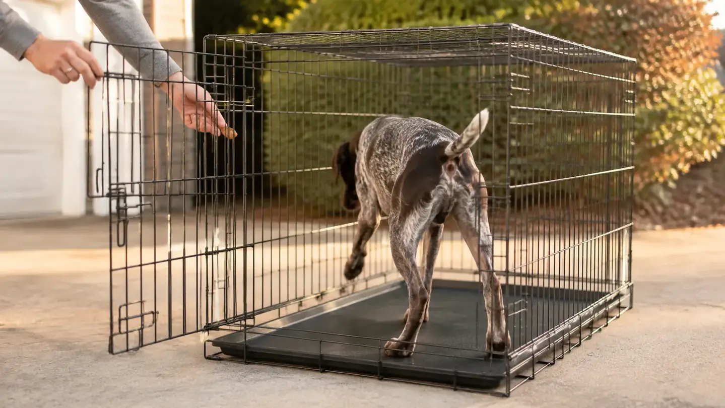 A hand tossing a treat into the back of an open wire dog crate while the dog steps in headfirst.