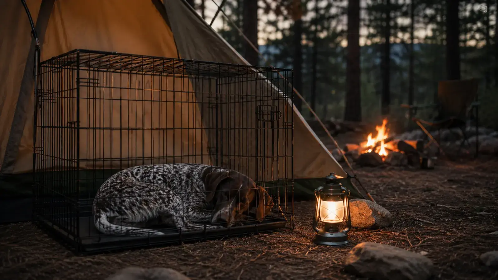 A dog curled asleep inside a wire crate beside a small canvas tent at dusk, lit softly by a camp lantern.