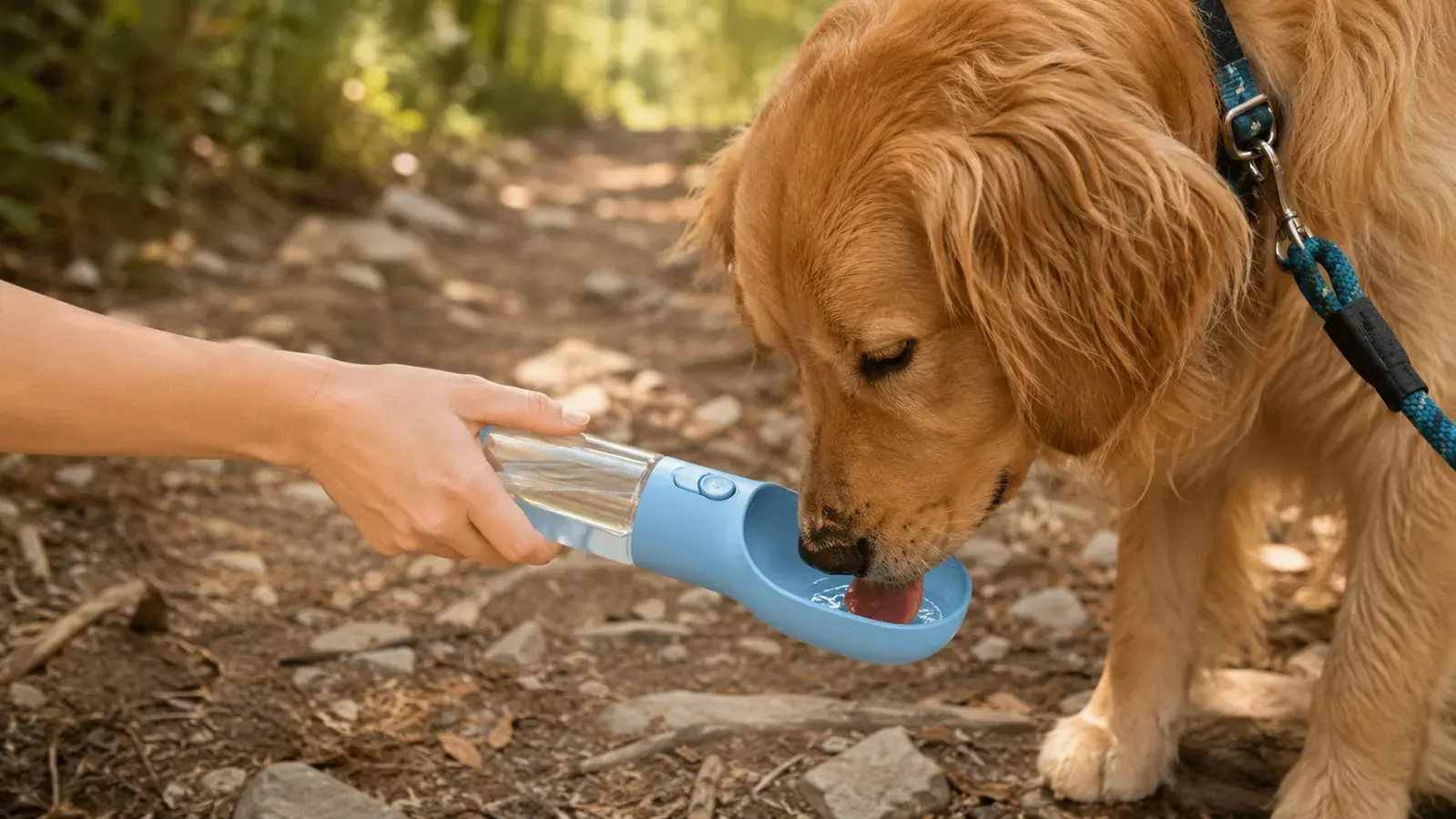 A hand pressing the spout of a blue Kalimdor dog water bottle so a stream arcs into the built-in drinking bowl