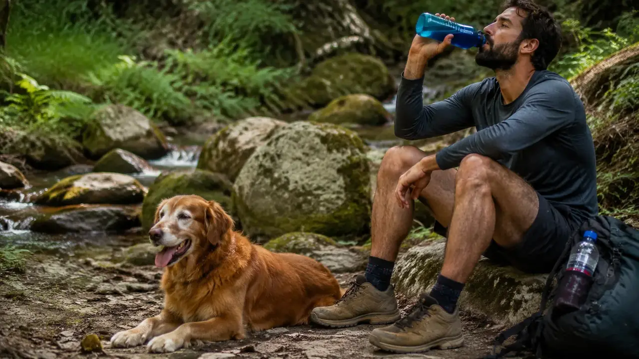 A hiker resting beside a shaded creek on a hot afternoon with the dog lying down and panting next to the open pack