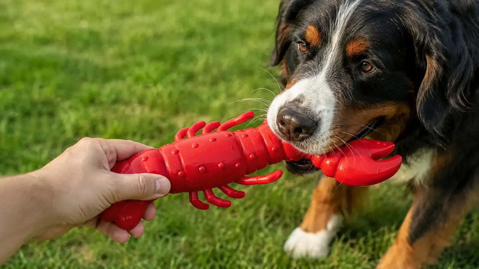 A hand holding a red Nylabone lobster-shaped nylon chew toy in front of a dog's muzzle at chest height