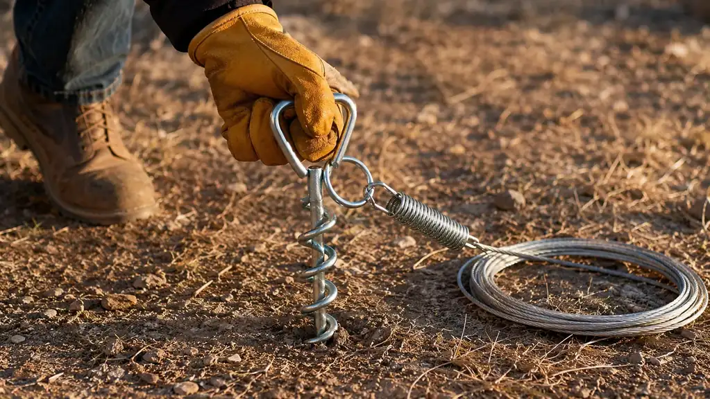 Hands driving a spiral tie-out stake into the ground with a boot on top for leverage