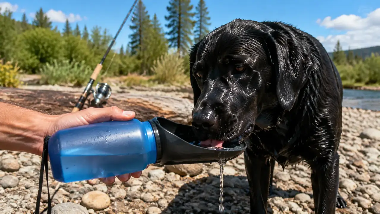 hand tilting the blue Kalimdor bottle low over a gravel bar while a big black Lab drinks fast from the trough, a few droplets spilling off the edge