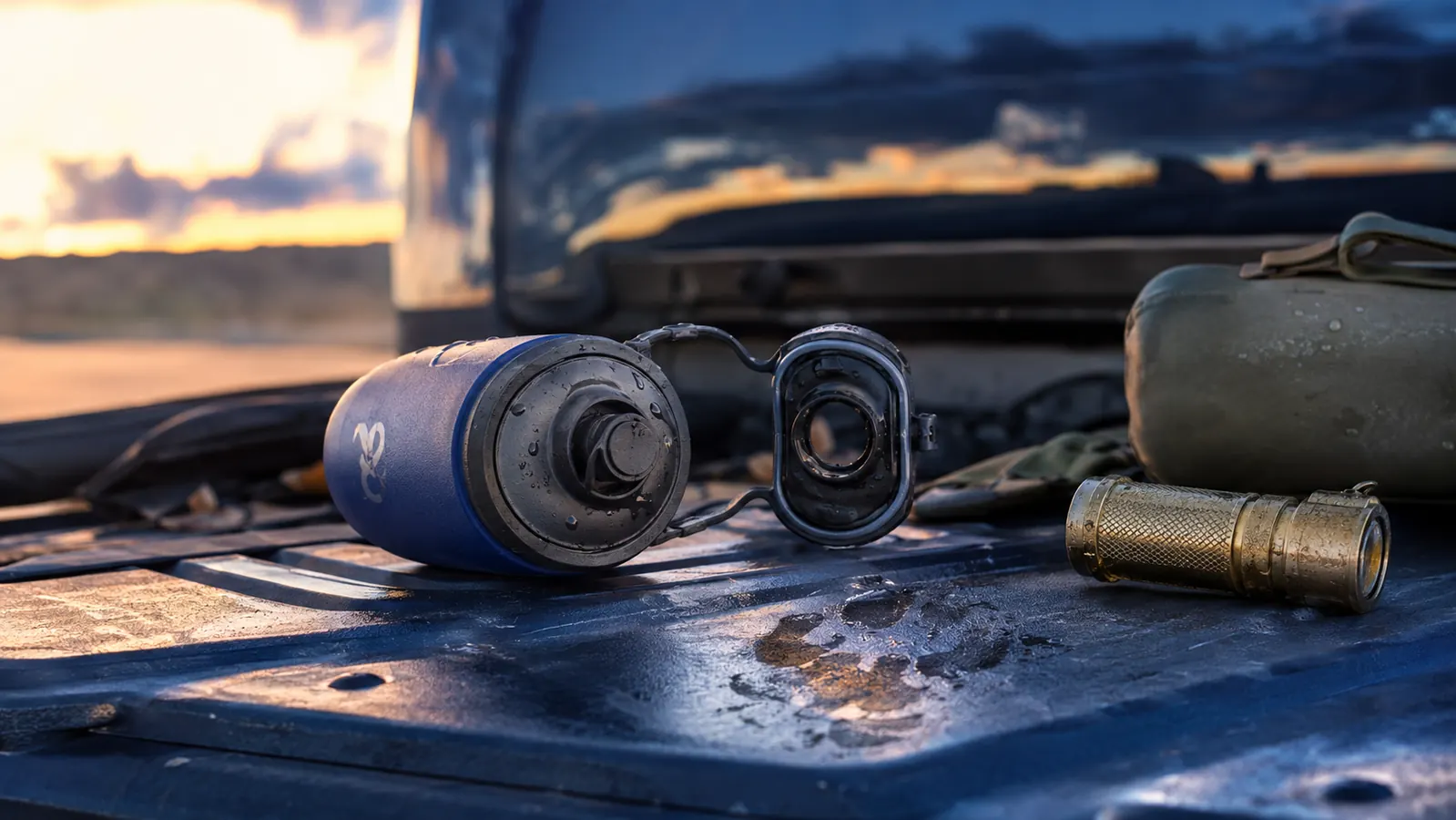 close-up of a blue Kalimdor bottle resting on a truck tailgate at dusk, the valve lock ring open, a brass flashlight and a dusty canteen beside it