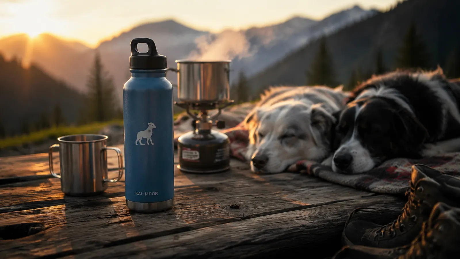 blue Kalimdor bottle standing on a rough camp picnic table at sunrise beside a tin coffee cup, two dogs asleep on a blanket nearby