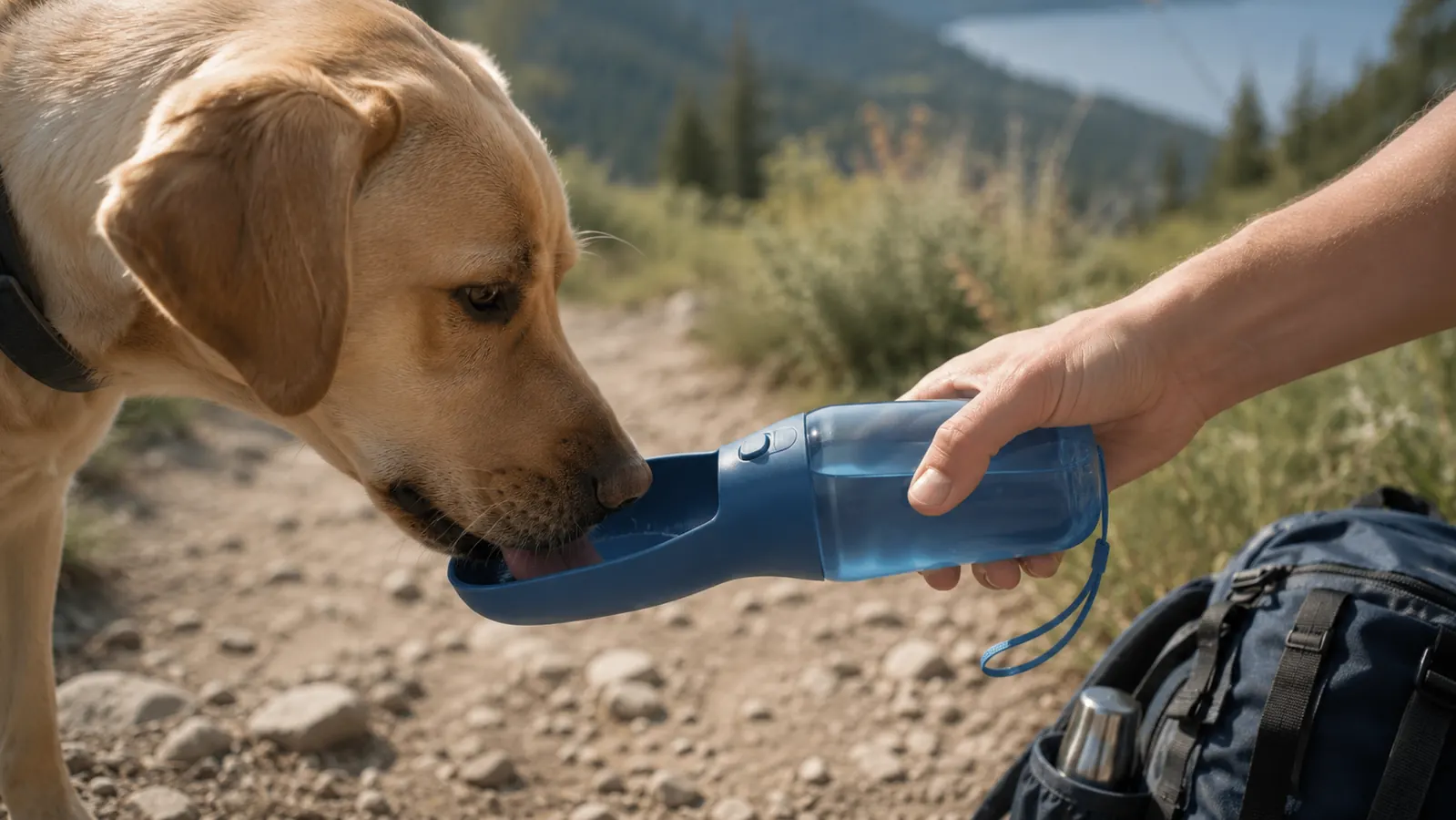 A hand holding a blue Kalimdor dog water bottle while a tan lab drinks from the side trough at a trailhead