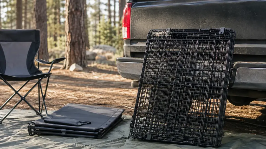 The same wire crate folded flat and leaning against the side of a pickup at a campsite beside a camp chair and a stone-dry dog bed