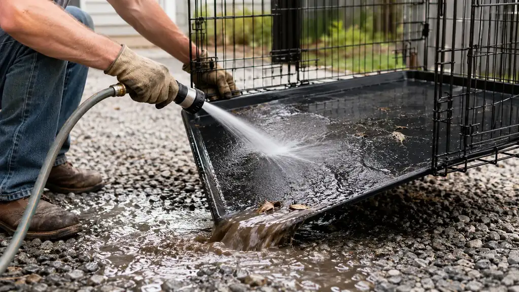 hands in work gloves hosing out the plastic catch tray of a black wire dog crate in a gravel driveway