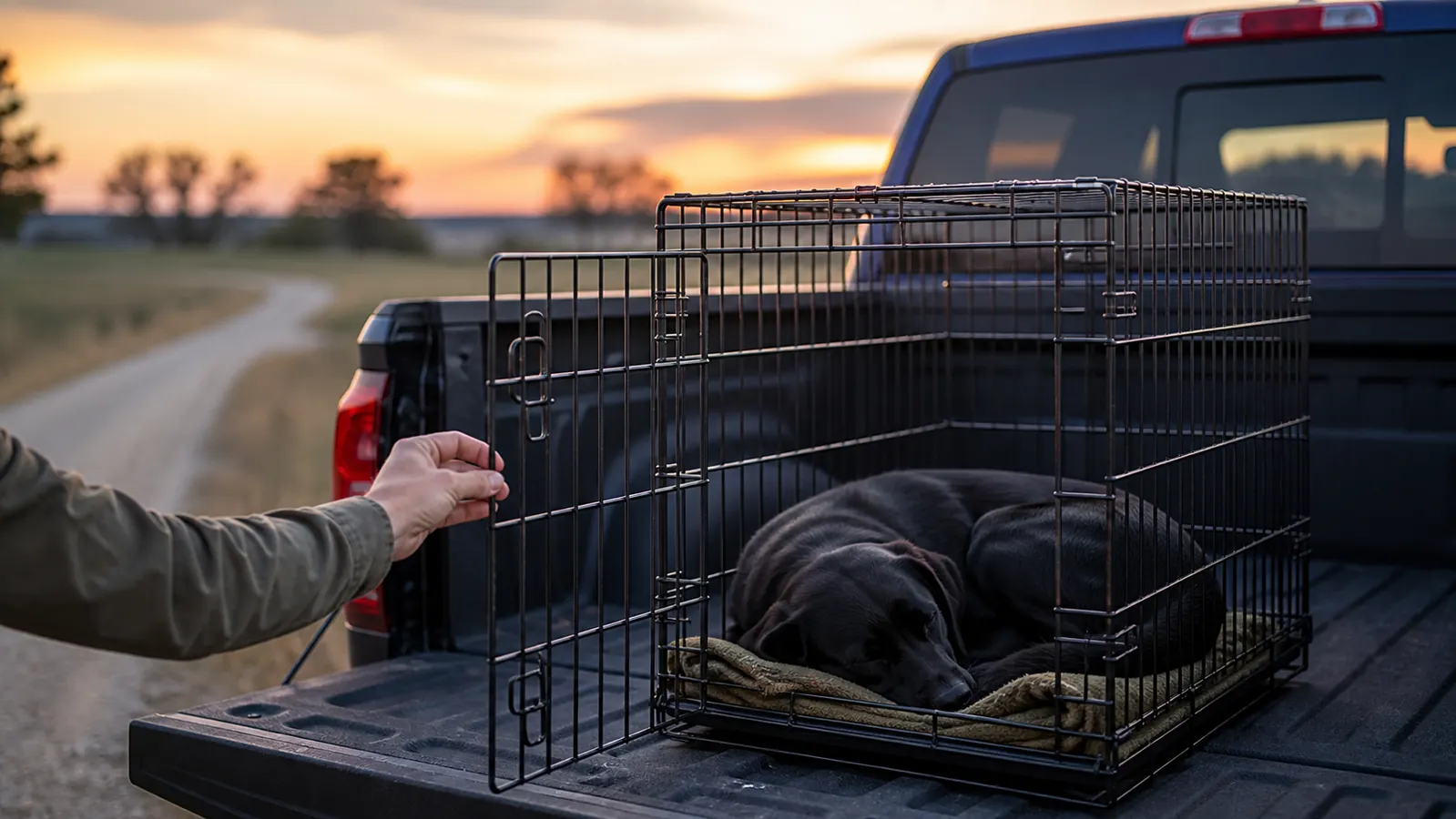 Lab mix dog asleep on a blanket inside an open wire crate in a truck bed at dusk