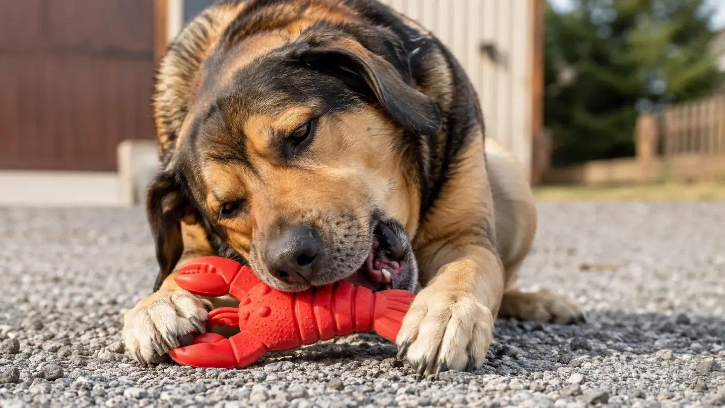 A large dog gripping the Nylabone lobster Power Chew between its front paws on a driveway, chewing steadily