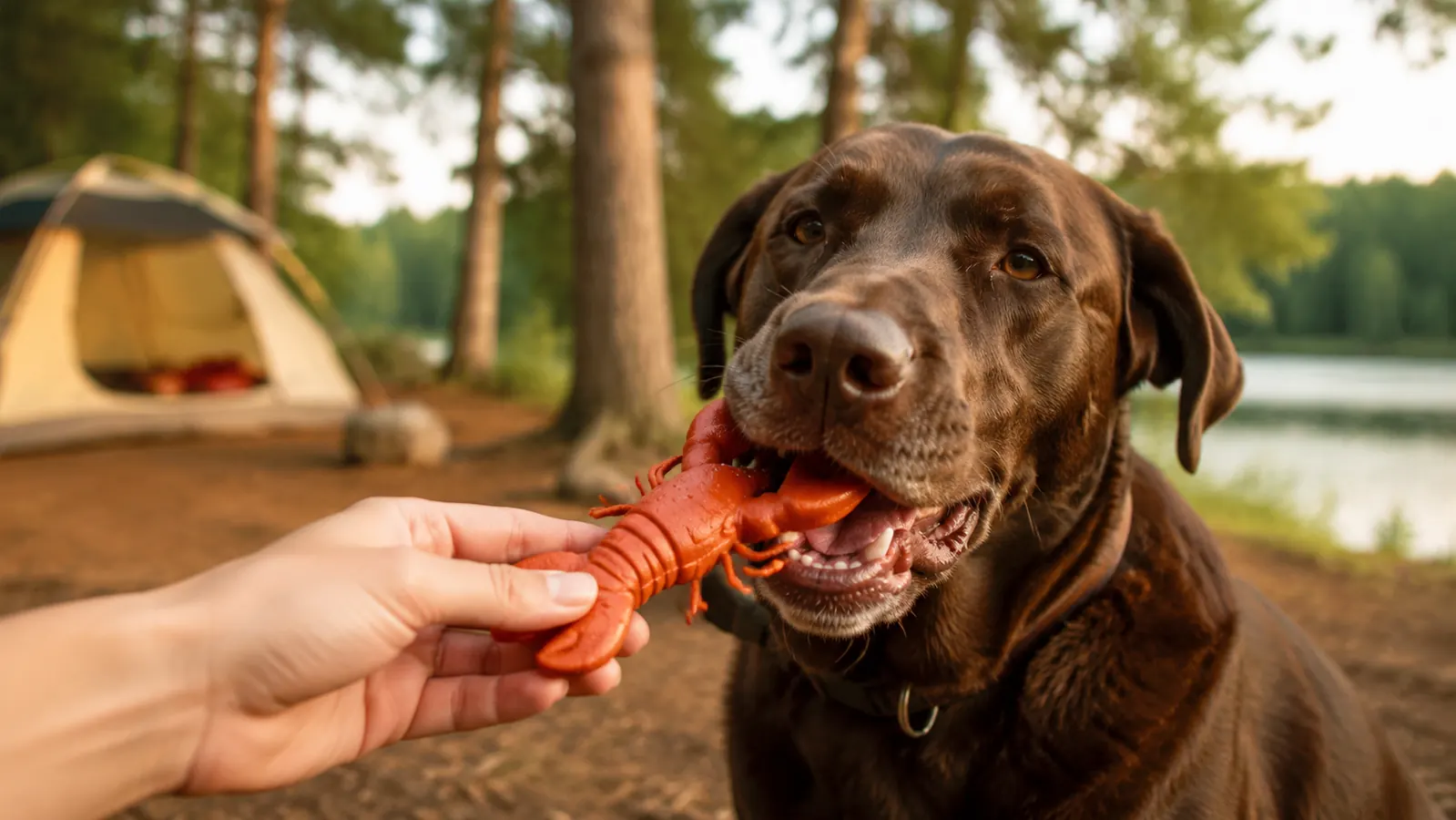A hand holds the lobster-shaped chew toy while an 82-pound lab mix chews it, camp setting behind them