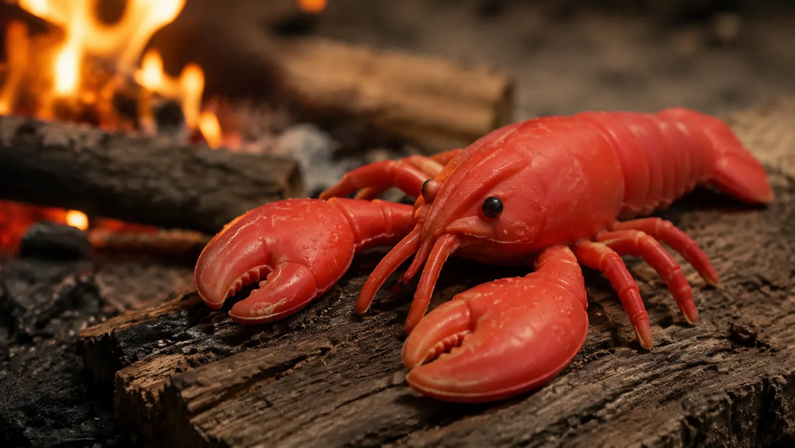 Close-up of the lobster chew toy showing visible surface wear on the claws and legs, resting on a log beside a dying campfire
