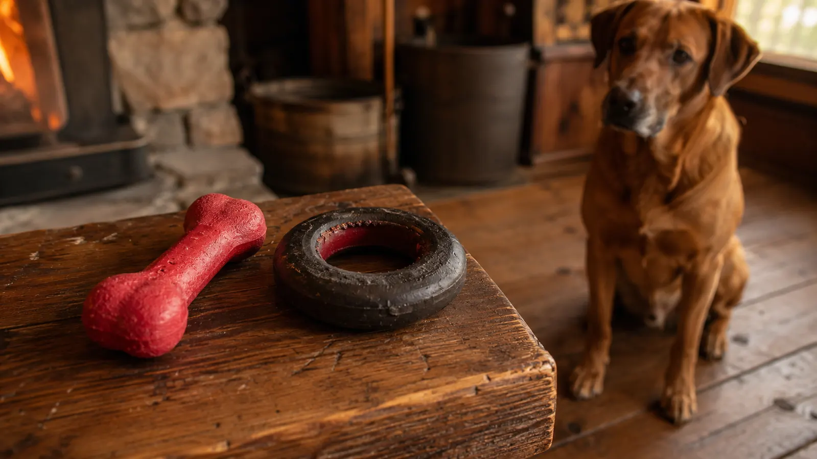 Two chew toys side by side on a cabin table: a red nylon bone on the left and a solid black rubber ring with a faint red inner core on the right, a dog watching from the wood floor