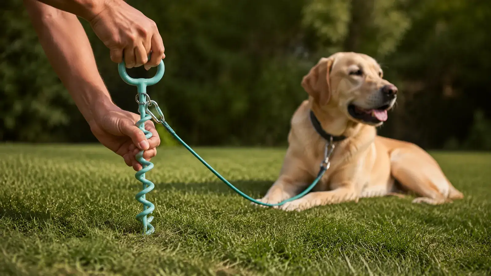 A hand screwing the 16-inch spiral ground anchor into soft dirt with a dog resting nearby