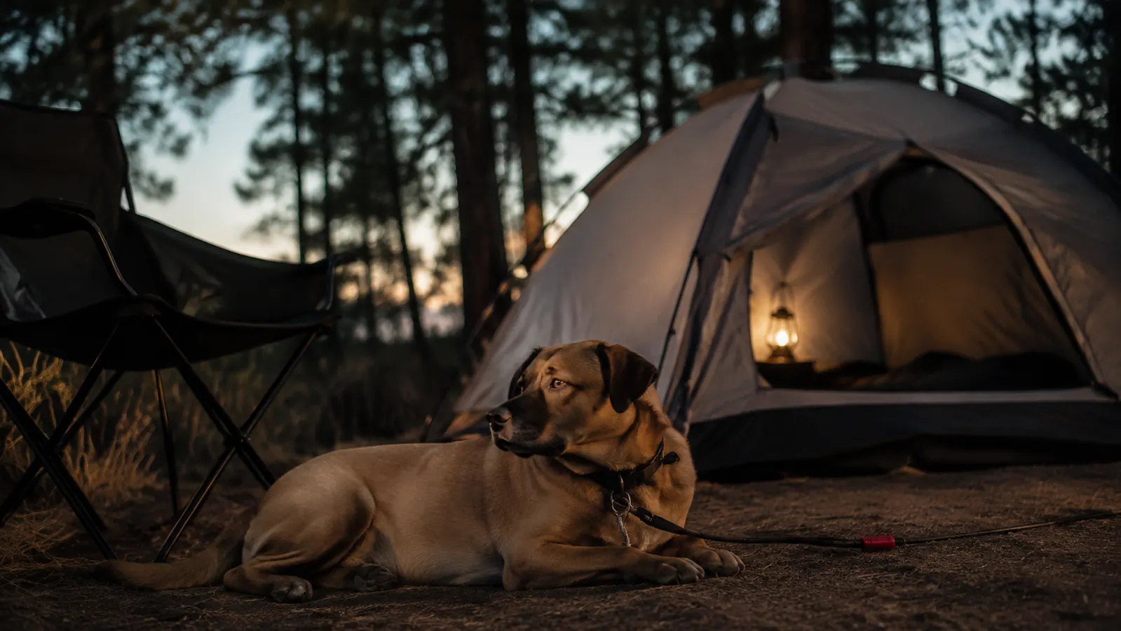 A camping scene at dusk with a dog on the tether cable next to a folding chair and tent, firelight in the background