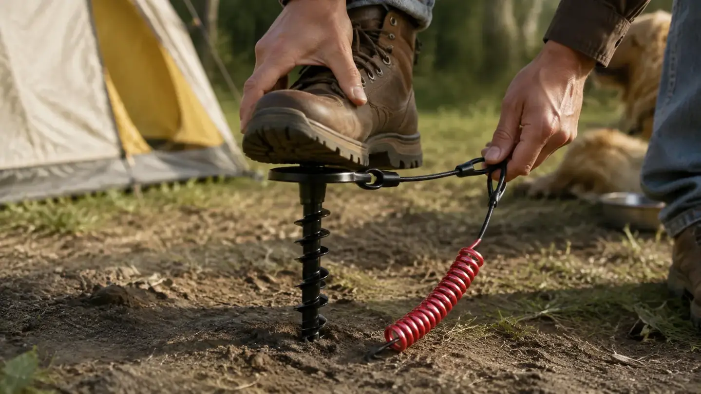 Close-up of a hand tapping a metal spiral ground anchor into soft dirt with a boot, the Petbobi cable and red shock spring visible beside it