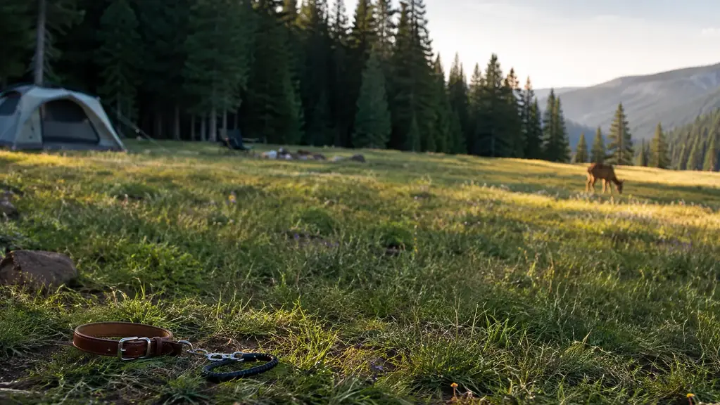 A rolling field at the edge of a campsite with a distant deer, the kind of view that makes owners eager to tether a wandering dog