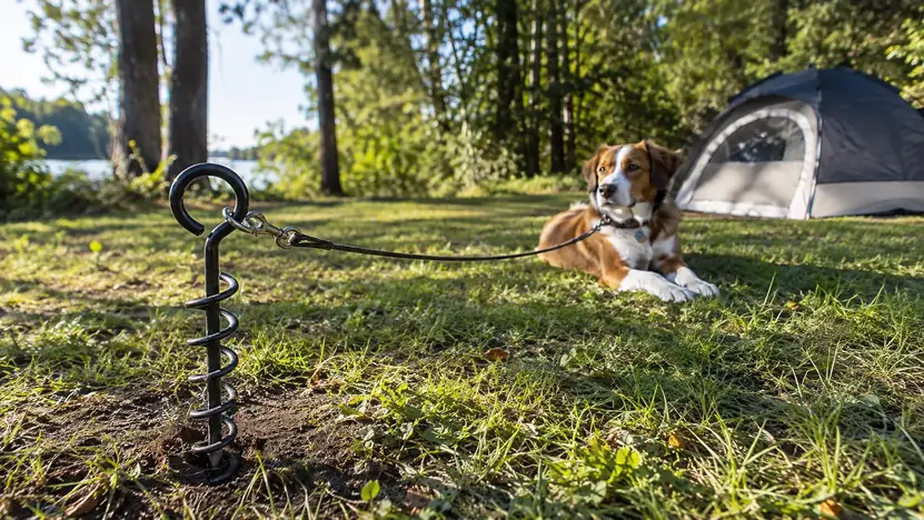 A dog lying on the end of a long tether line at a grassy campsite, stake in the foreground