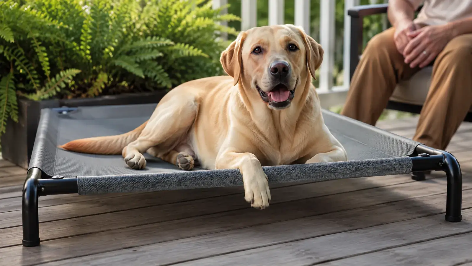 A mesh elevated dog bed on a porch, a lab lying on the taut fabric off the ground, paw resting over the aluminum rail