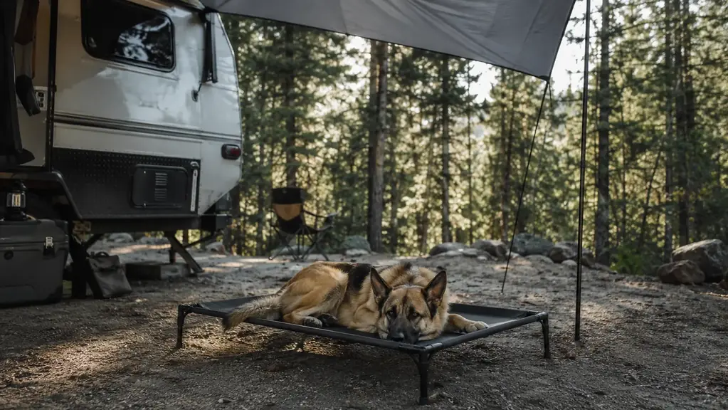 An elevated mesh dog bed set up beside a camper at a campsite, a dog lying on it under a tarp awning